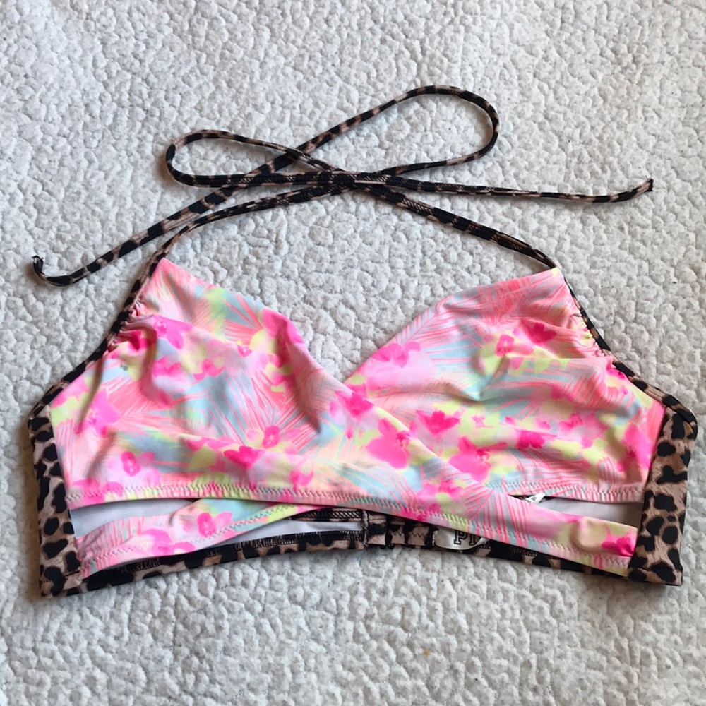 PINK Tropical & Leopard Cross Swim Top